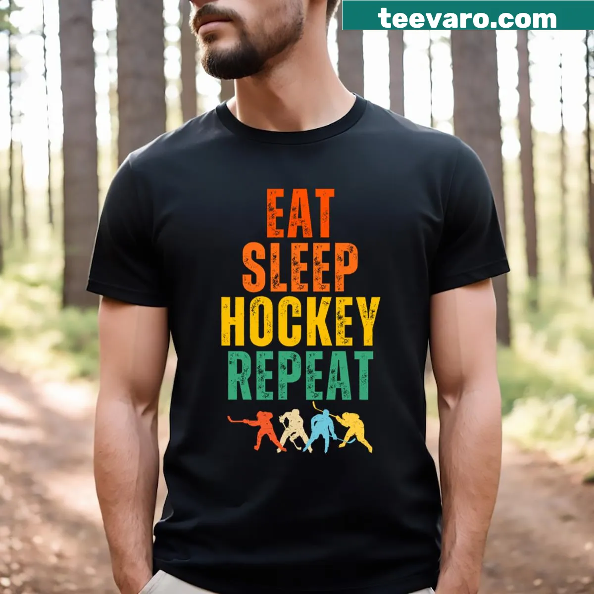 Hockey lover T-shirt with 'Eat Sleep Hockey Repeat' humorous text — on a men's t-shirt