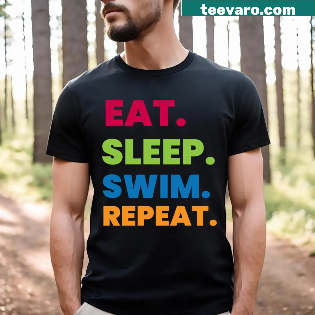 Funny T-shirt with 'Eat Sleep Swim Repeat' text for swimming lovers — on a men's t-shirt