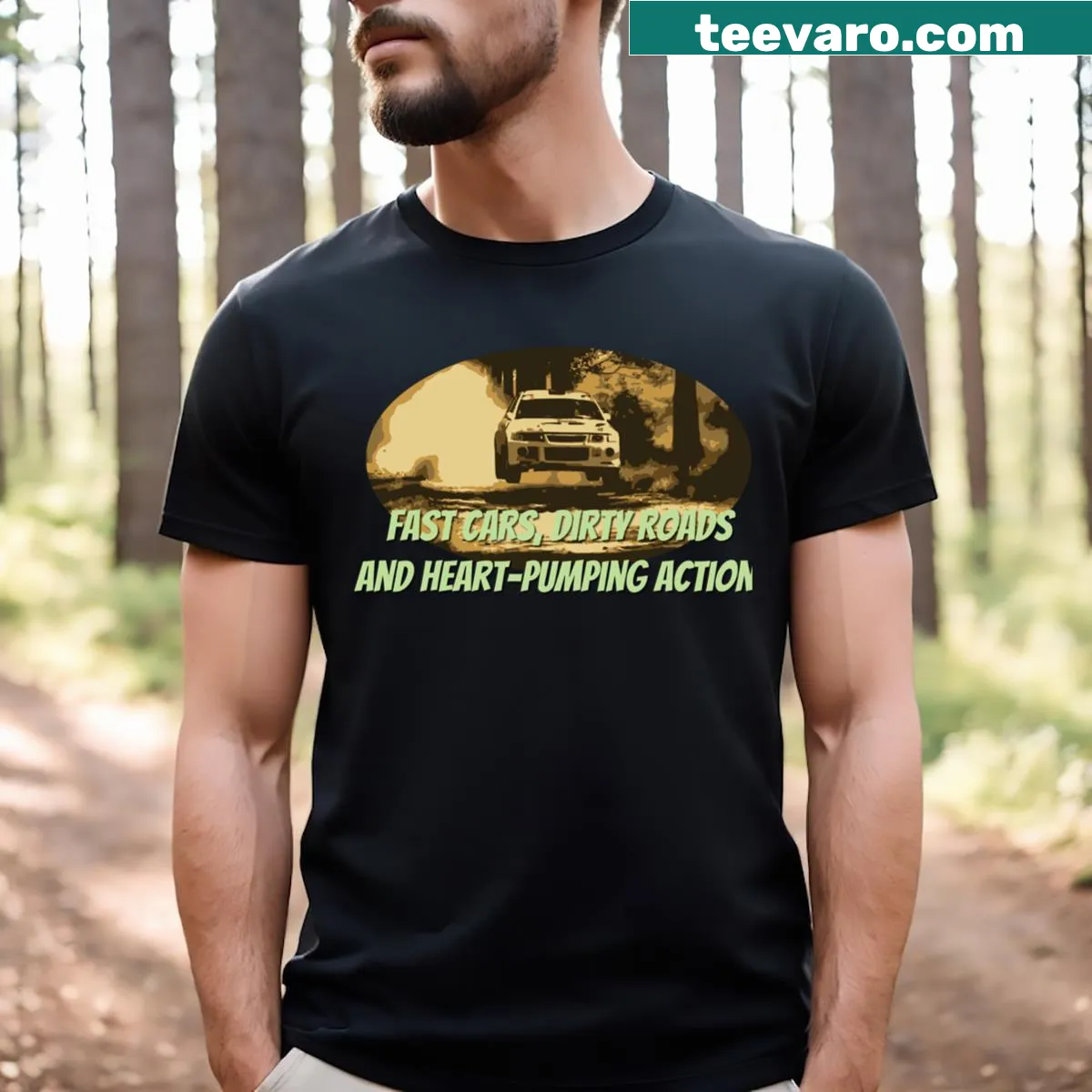 Bold typography featuring fast cars and action-themed elements — on a men's t-shirt