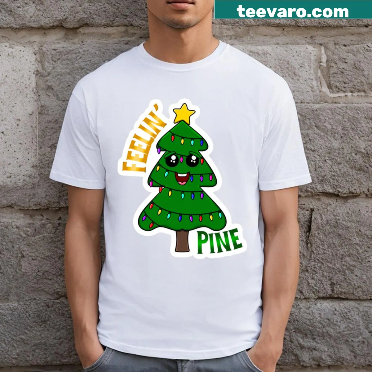 Nature-themed T-shirt featuring pine trees illustration — on a men's t-shirt