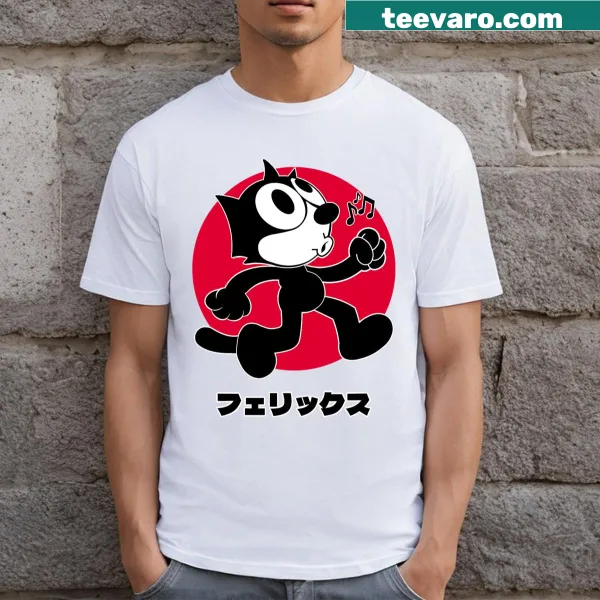 Whimsical design of Felix the Cat whistling with music notes