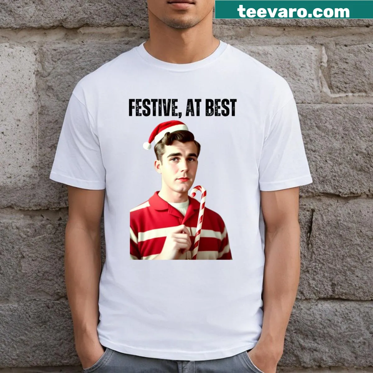 T-shirt with a candy cane graphic and the phrase 'Festive At Best' — on a men's t-shirt