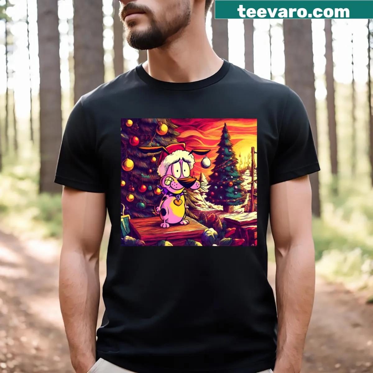 Cartoon holiday-themed T-shirt with festive animated graphics — on a men's t-shirt