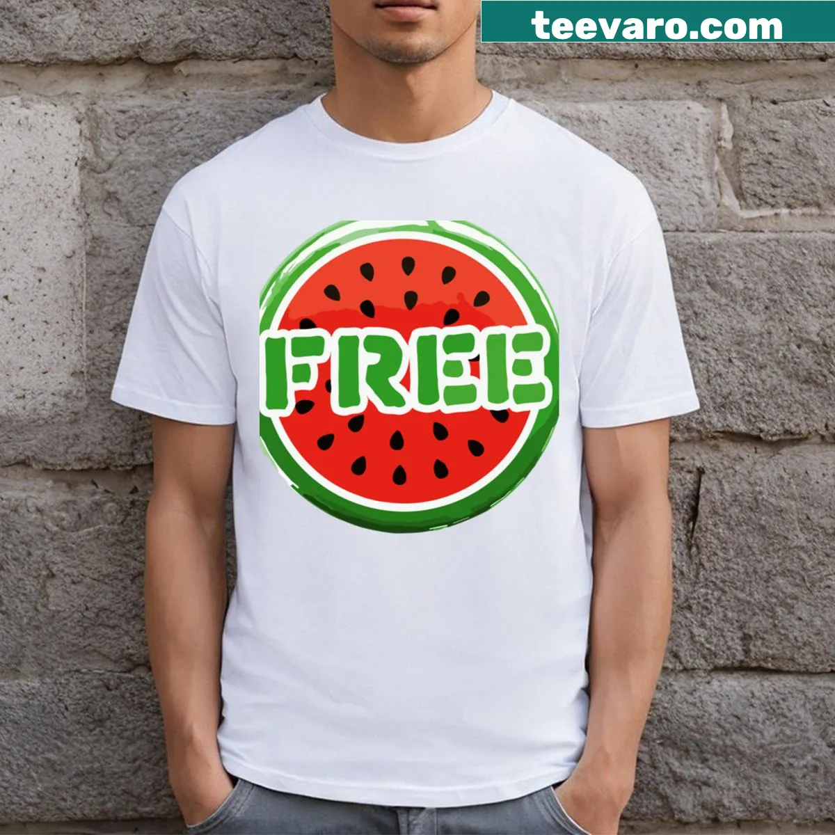 Cartoon watermelon T-shirt with a message of support for Palestine — on a men's t-shirt