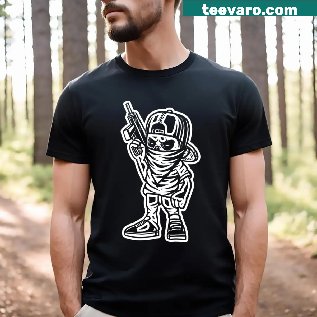 Cartoon gangster character graphic T-shirt with a gun — on a men's t-shirt