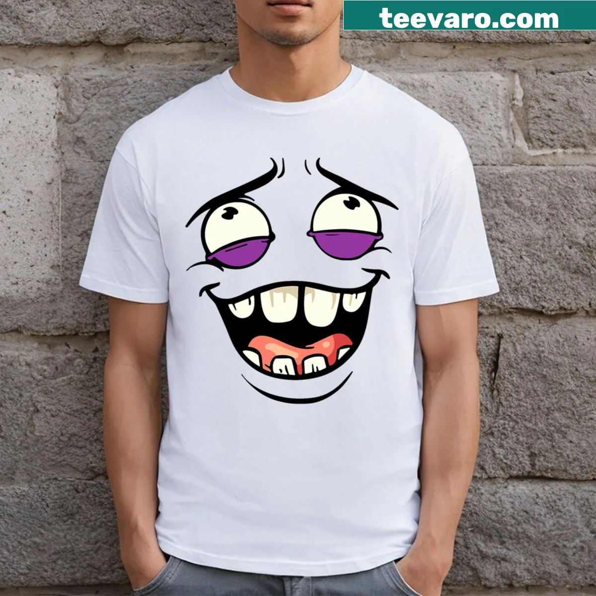 Cartoon grimace face graphic on a humorous t-shirt — on a men's t-shirt