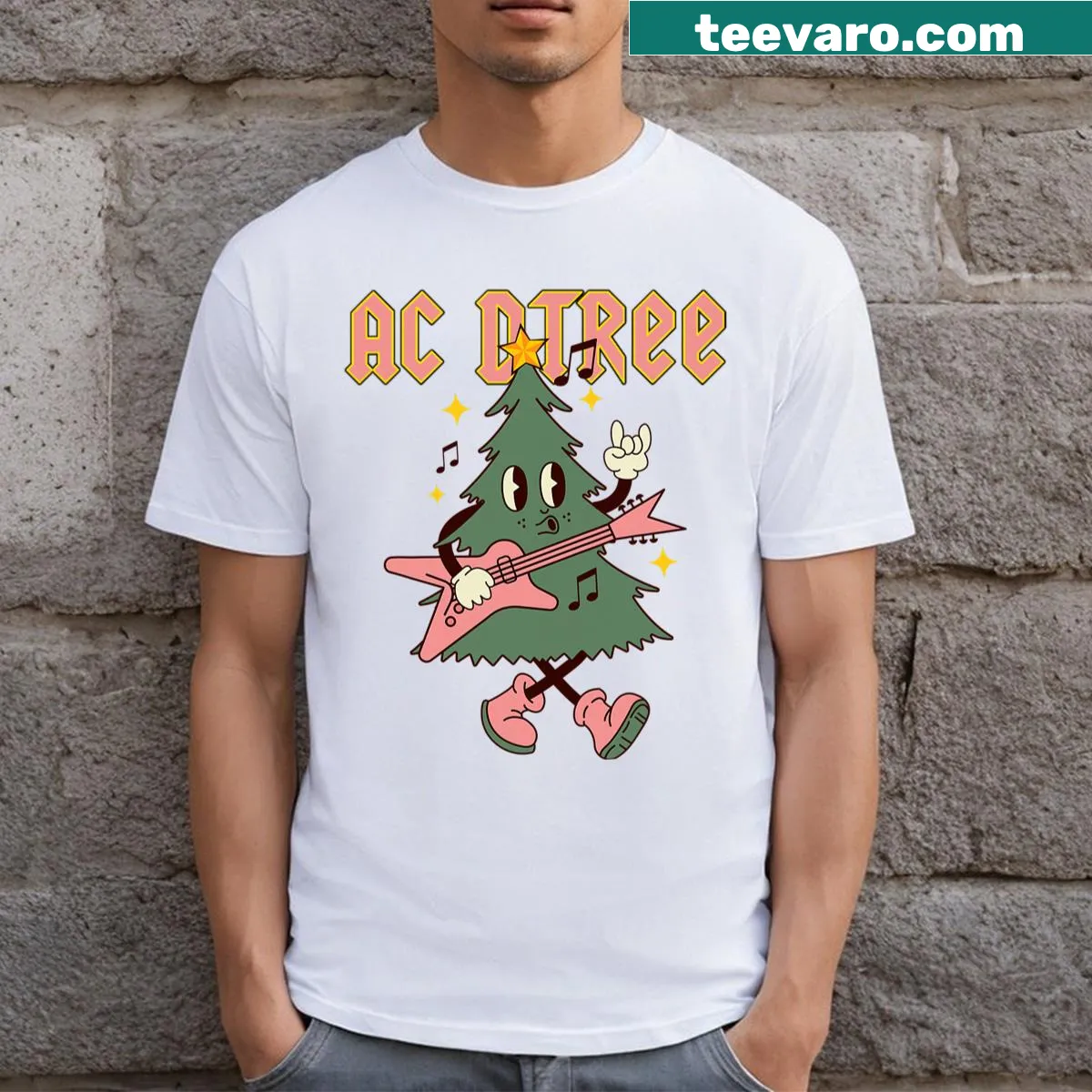 Retro cartoon Christmas tree graphic on a humorous t-shirt — on a men's t-shirt