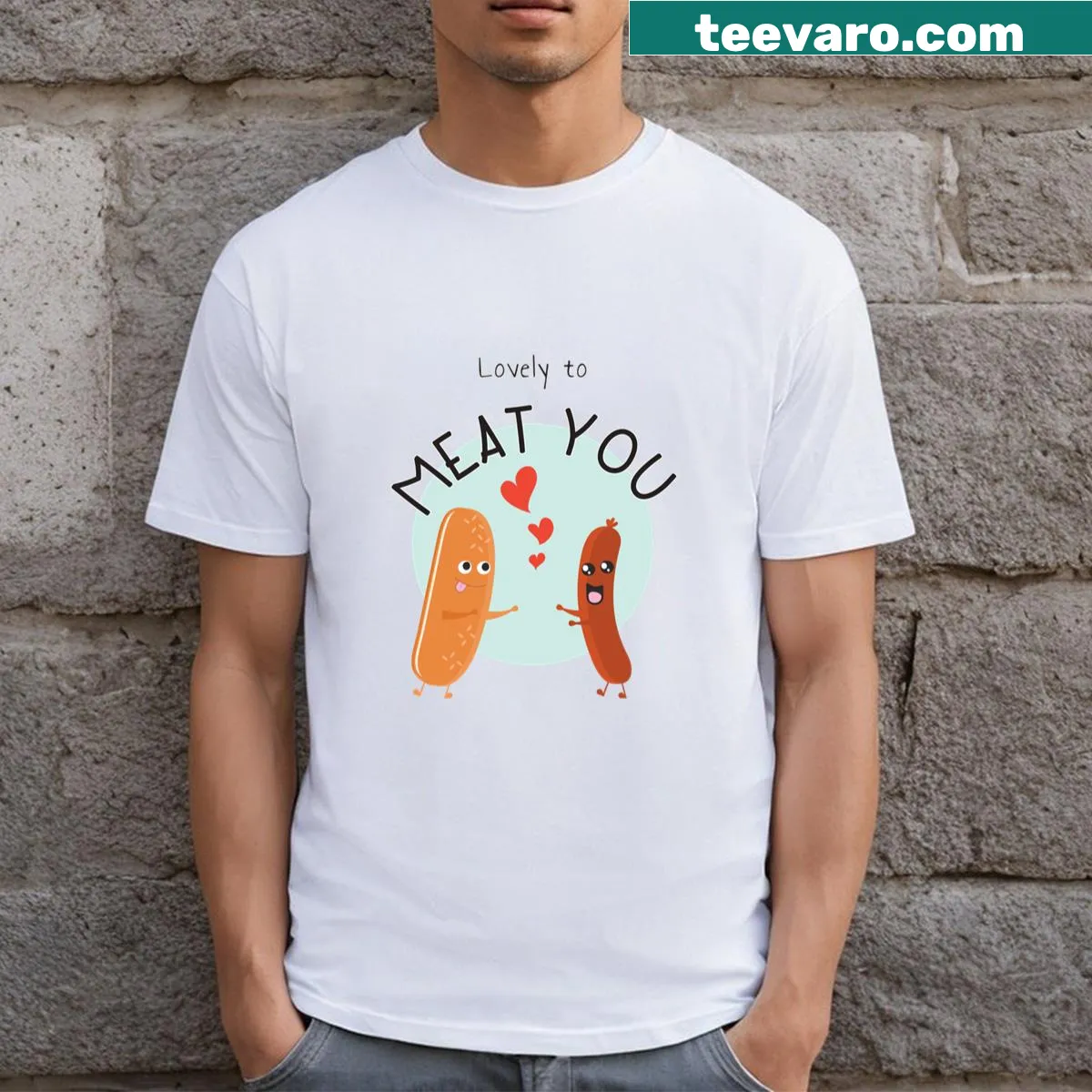 Funny hot dog pun T-shirt with the phrase 'Lovely To Meat You' — on a men's t-shirt