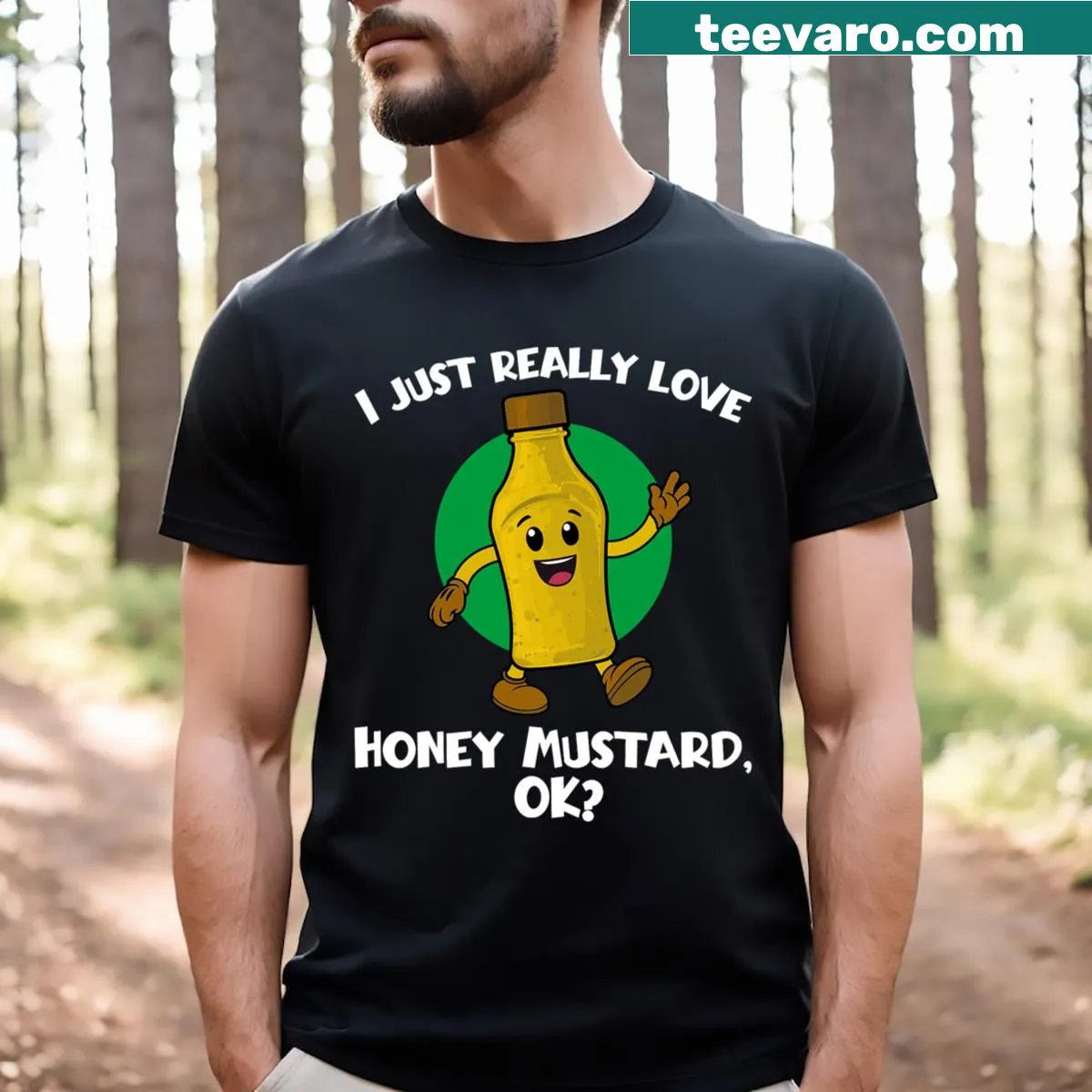 Cartoon food graphic featuring honey mustard on a humorous t-shirt — on a men's t-shirt