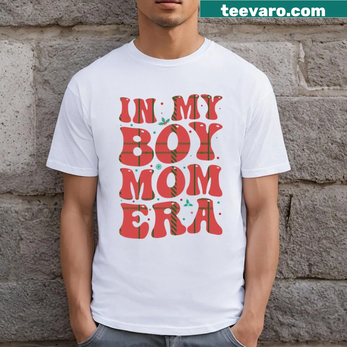 Funny t-shirt for boy moms featuring festive Christmas text — on a men's t-shirt