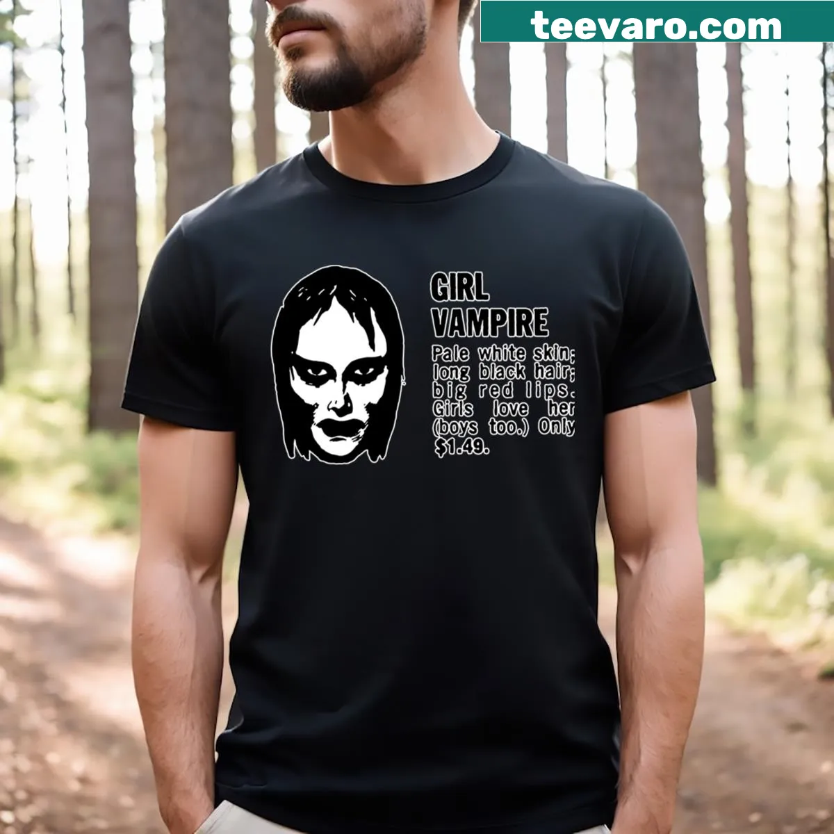 Minimalist girl vampire illustration in white outline on a T-shirt — on a men's t-shirt
