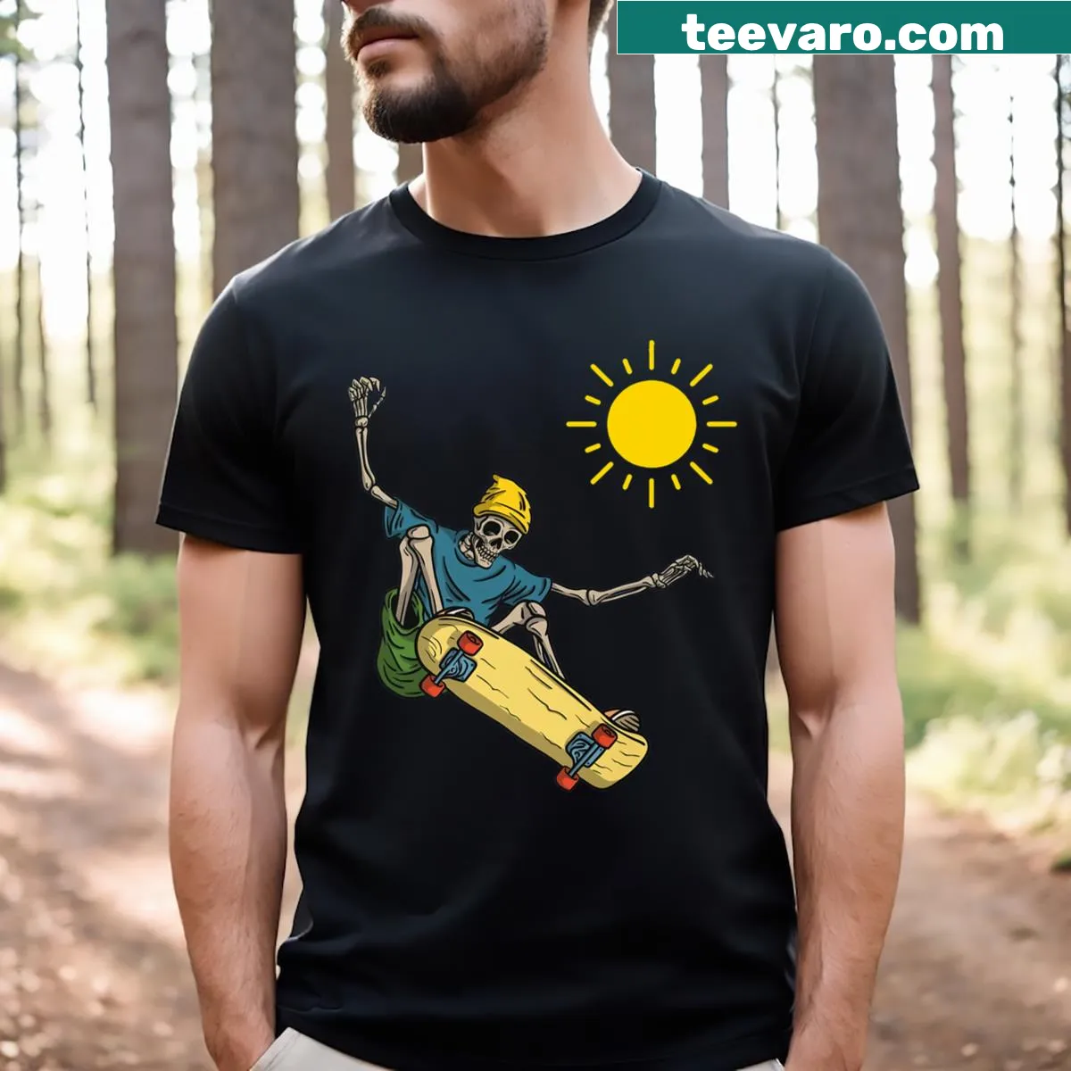 Playful skeleton skater design for Halloween on a T-shirt — on a men's t-shirt