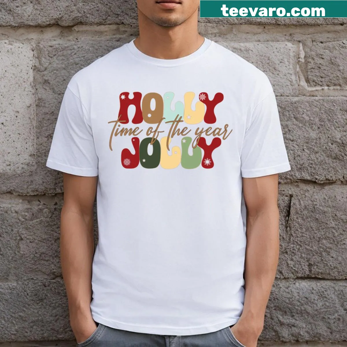 Festive t-shirt with 'Holly Jolly' holiday text — on a men's t-shirt