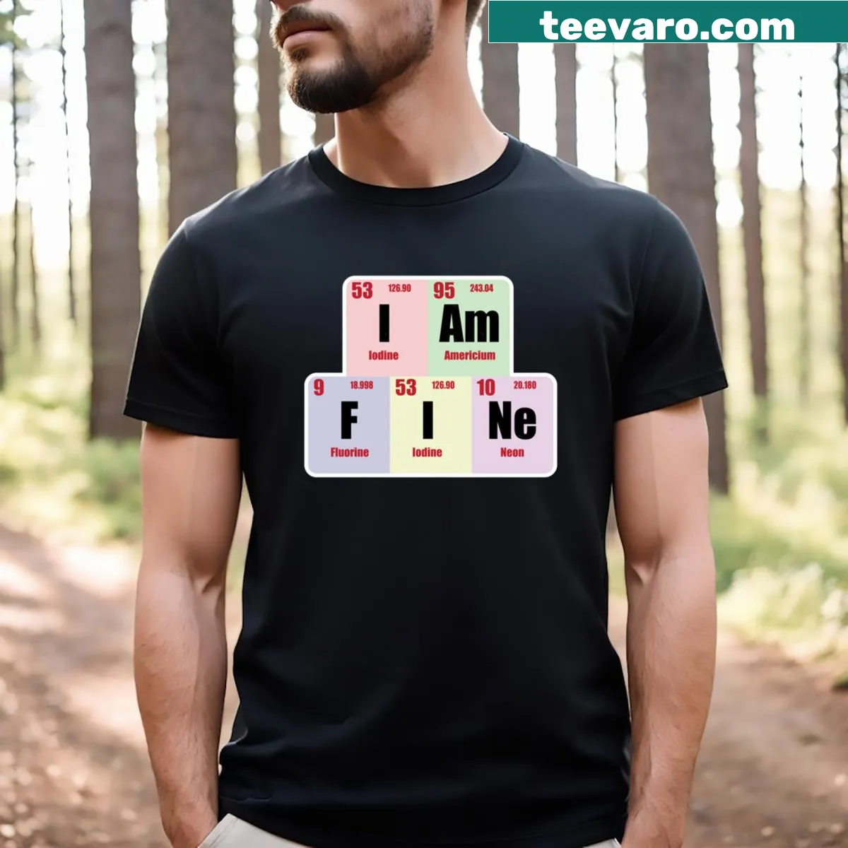 Funny chemistry-themed t-shirt with periodic table elements and text — on a men's t-shirt