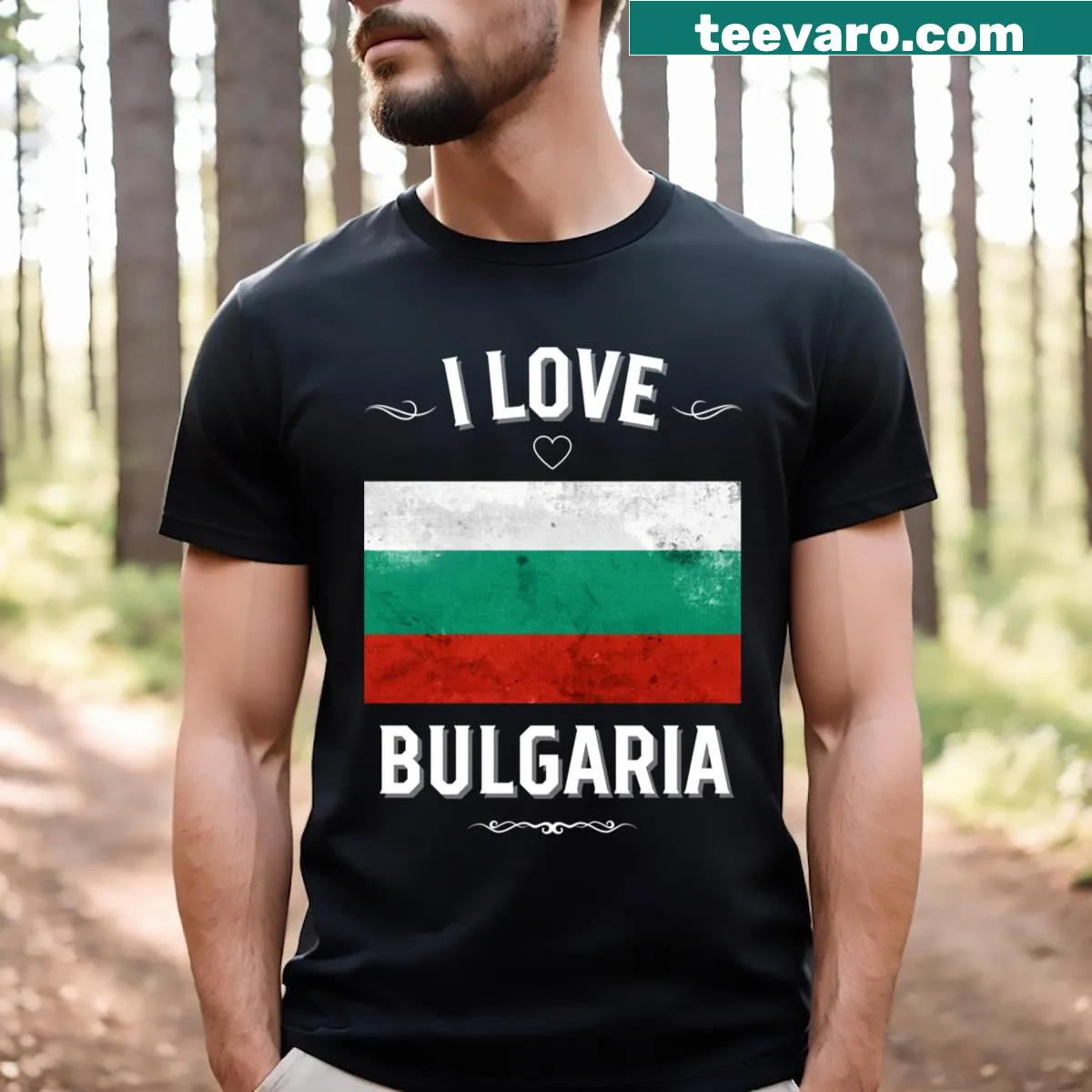 Graphic T-shirt with bold 'I Love Bulgaria' text — on a men's t-shirt