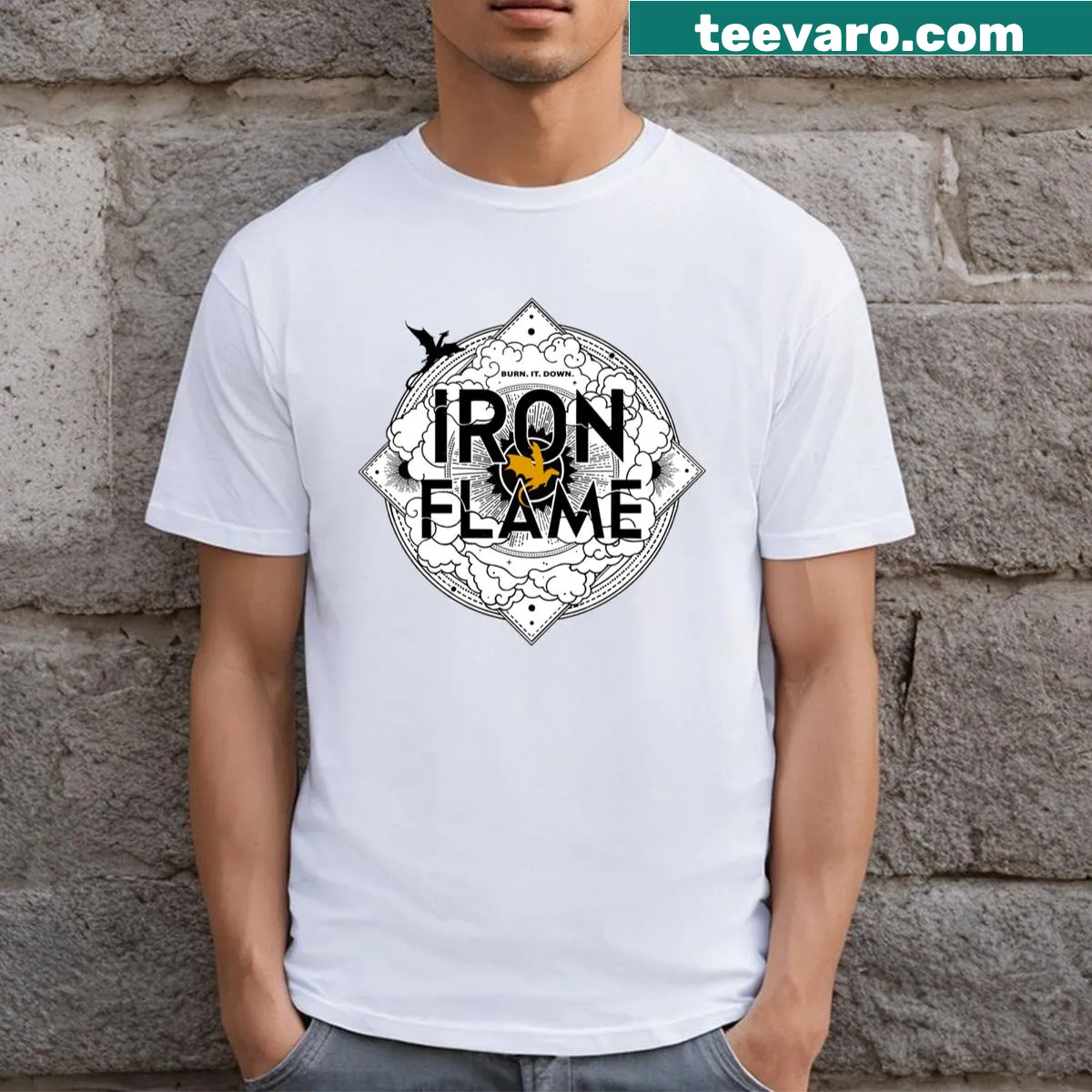 Fantasy-themed t-shirt with Iron Flame design — on a men's t-shirt