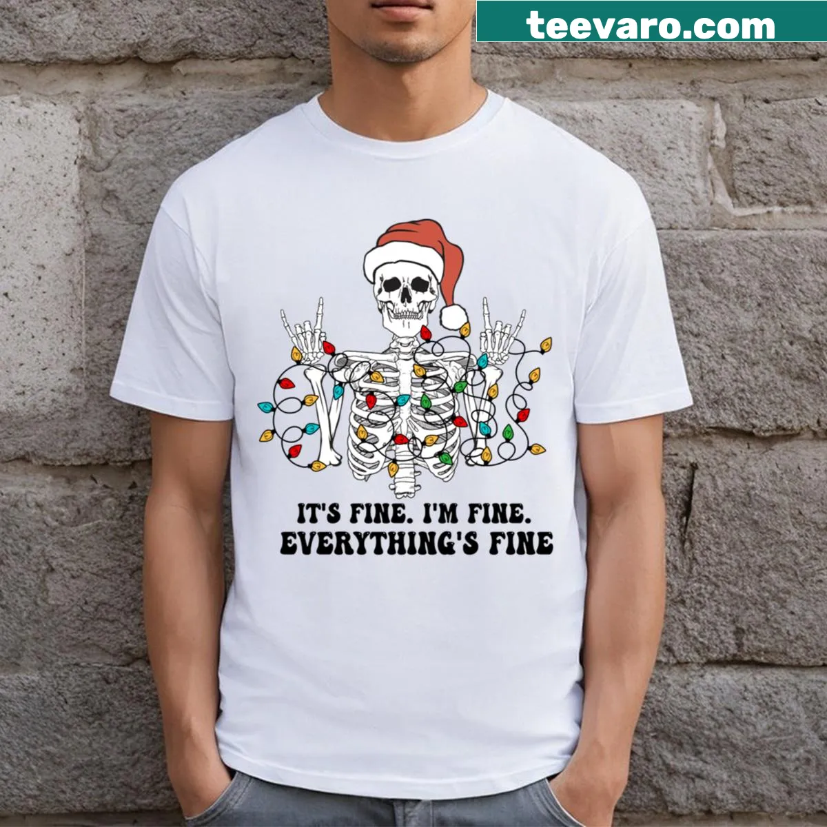 Funny Christmas skeleton graphic t-shirt with playful text — on a men's t-shirt