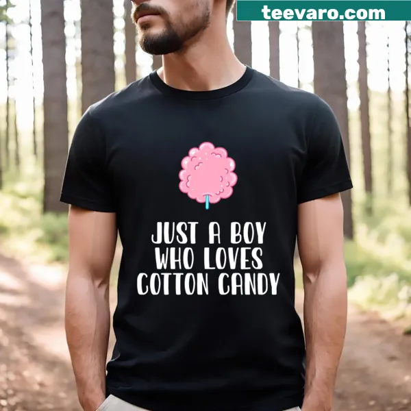 T-shirt with the phrase 'Just A Boy Who Loves Cotton Candy' and playful graphics