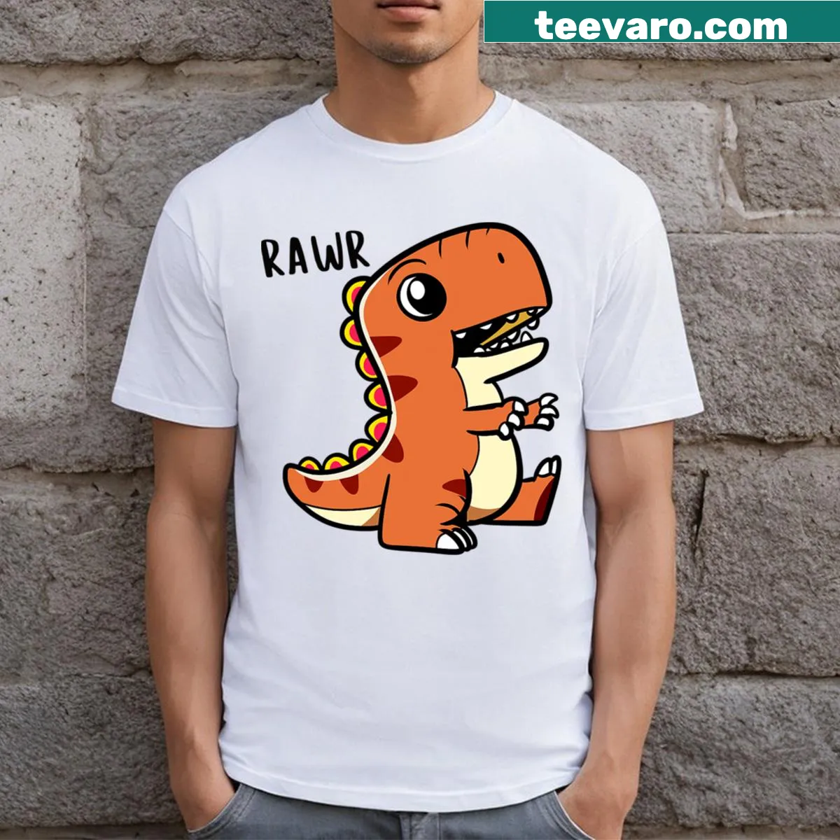 Cartoon T-Rex illustration on Kids Dino Rawr T-shirt — on a men's t-shirt