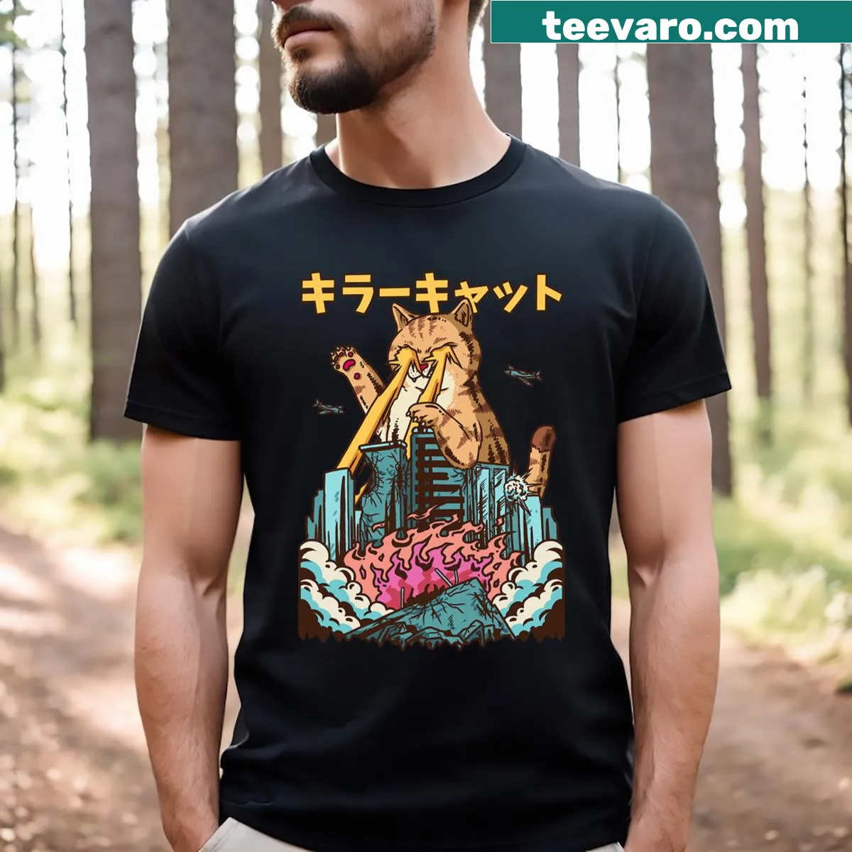 Kawaii cat t-shirt with laser eyes in anime kaiju style — on a men's t-shirt