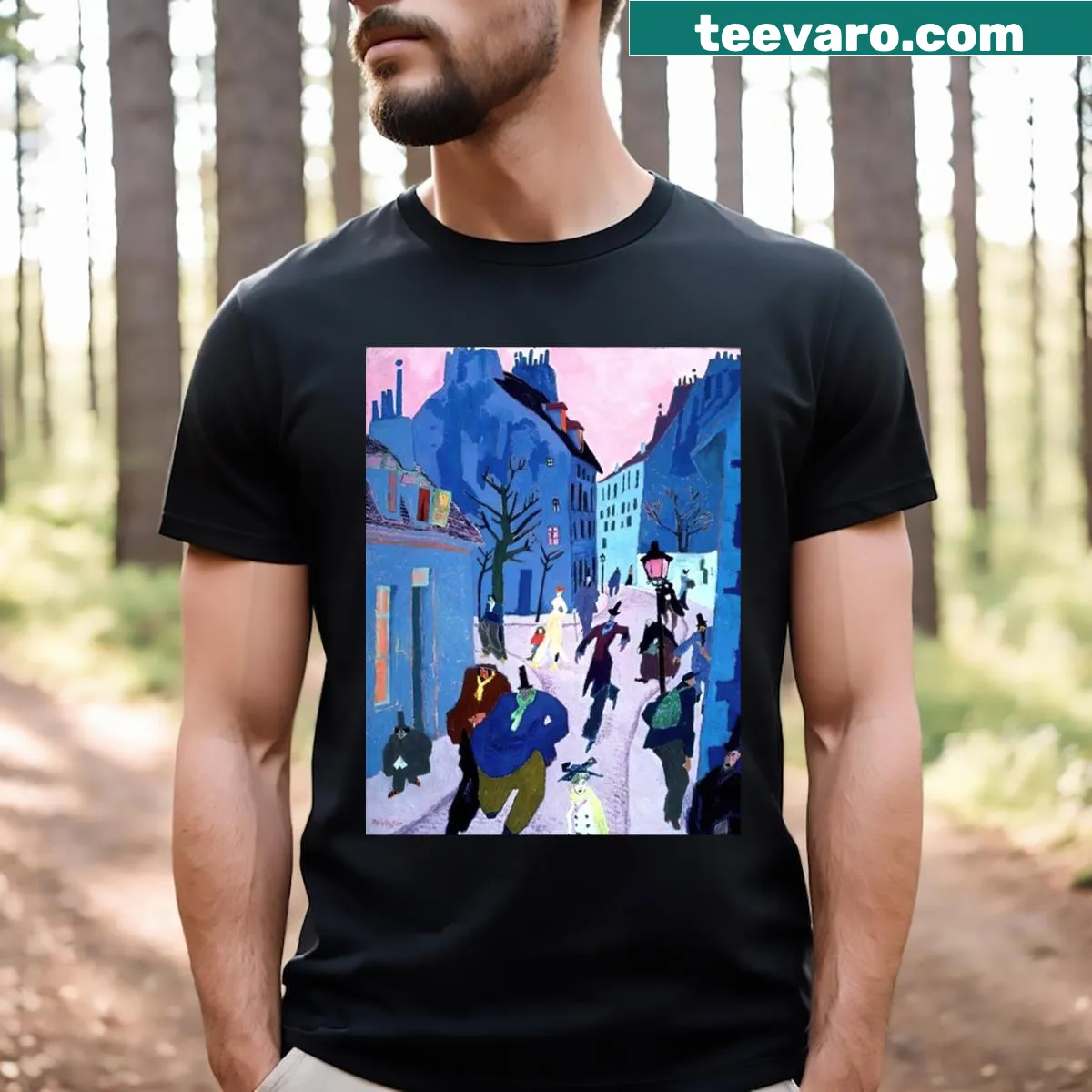 Artistic t-shirt featuring abstract typography inspired by Lyonel Feininger — on a men's t-shirt
