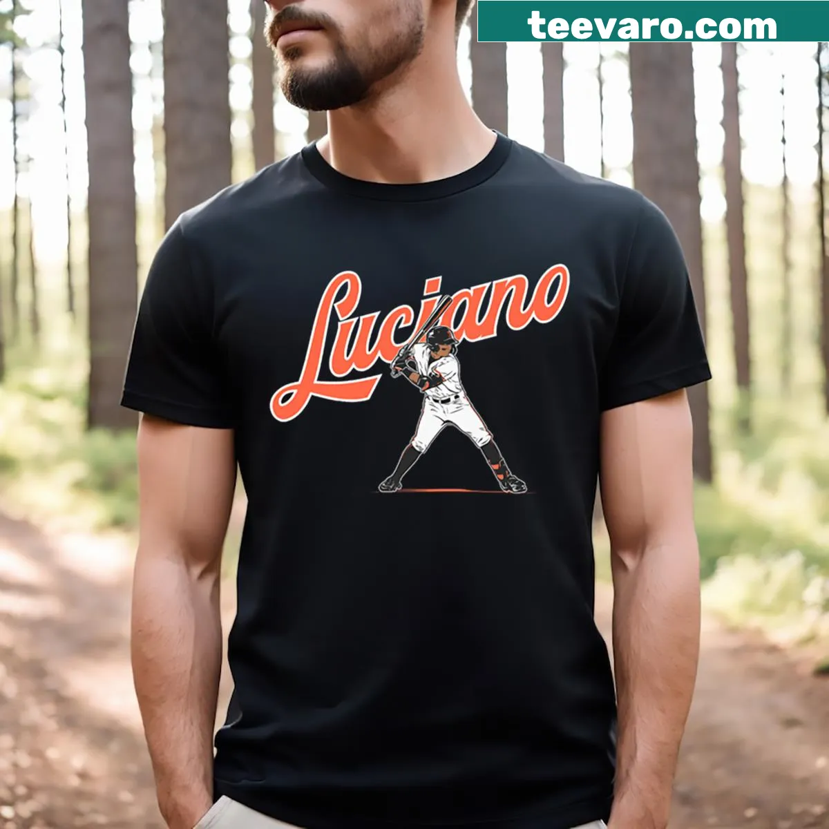 Marco Luciano t-shirt featuring a graphic of a baseball swing — on a men's t-shirt