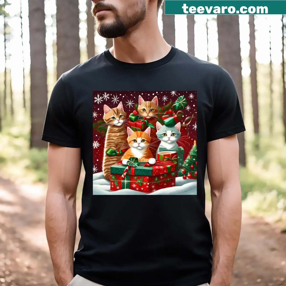 Cute Christmas T-shirt with a cat and 'Meowy Catmas' text — on a men's t-shirt