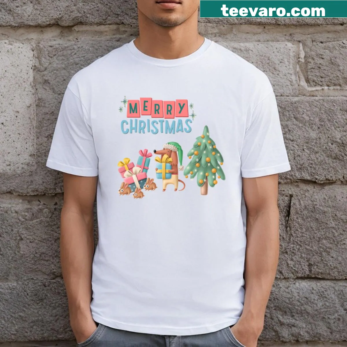Dachshund and mice dressed as reindeer in a holiday design — on a men's t-shirt