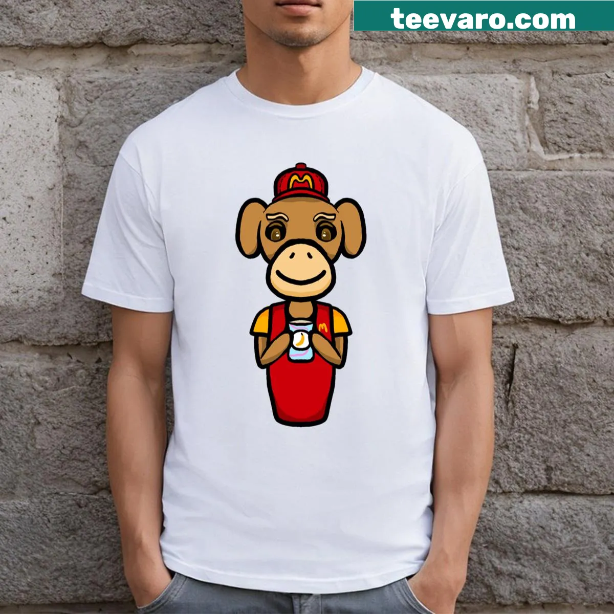 Cartoon monkey as a fast food worker graphic — on a men's t-shirt