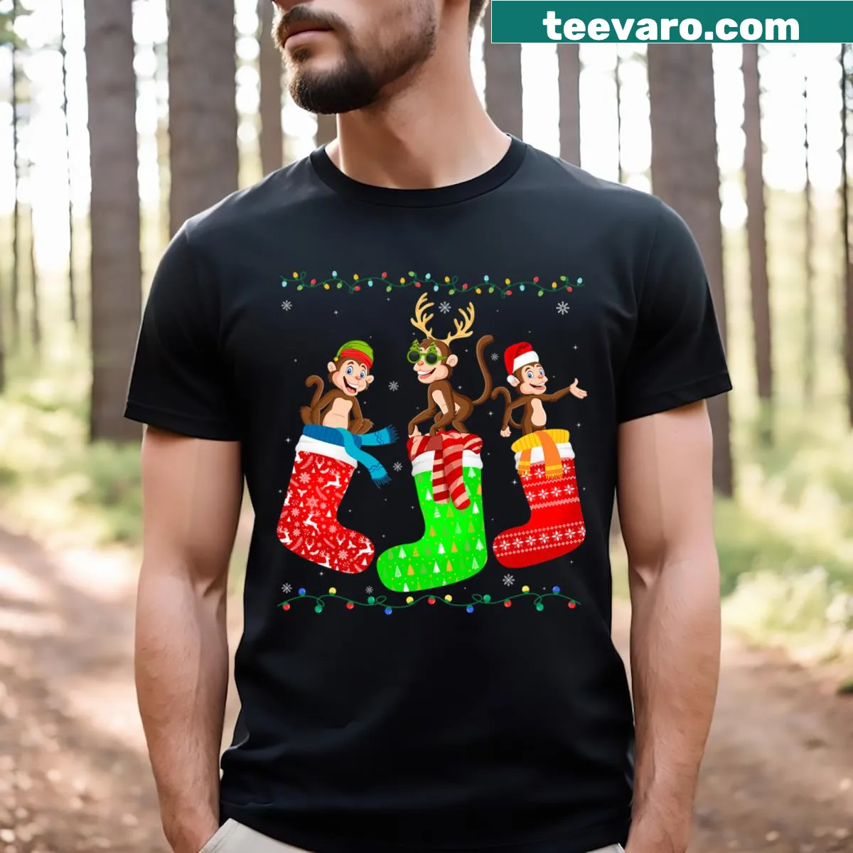 Funny holiday t-shirt featuring a monkey in Christmas socks — on a men's t-shirt