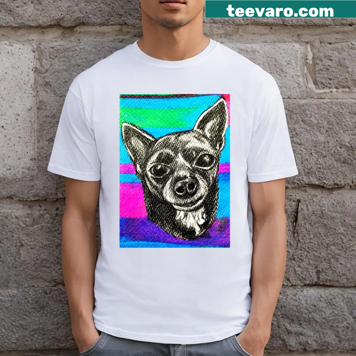Illustrated T-shirt featuring a Chihuahua design — on a men's t-shirt