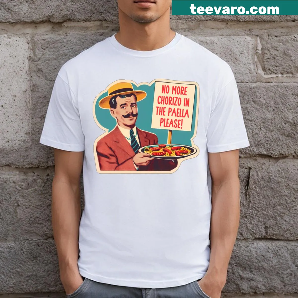 T-shirt with the text No More Chorizo In The Paella for food lovers — on a men's t-shirt
