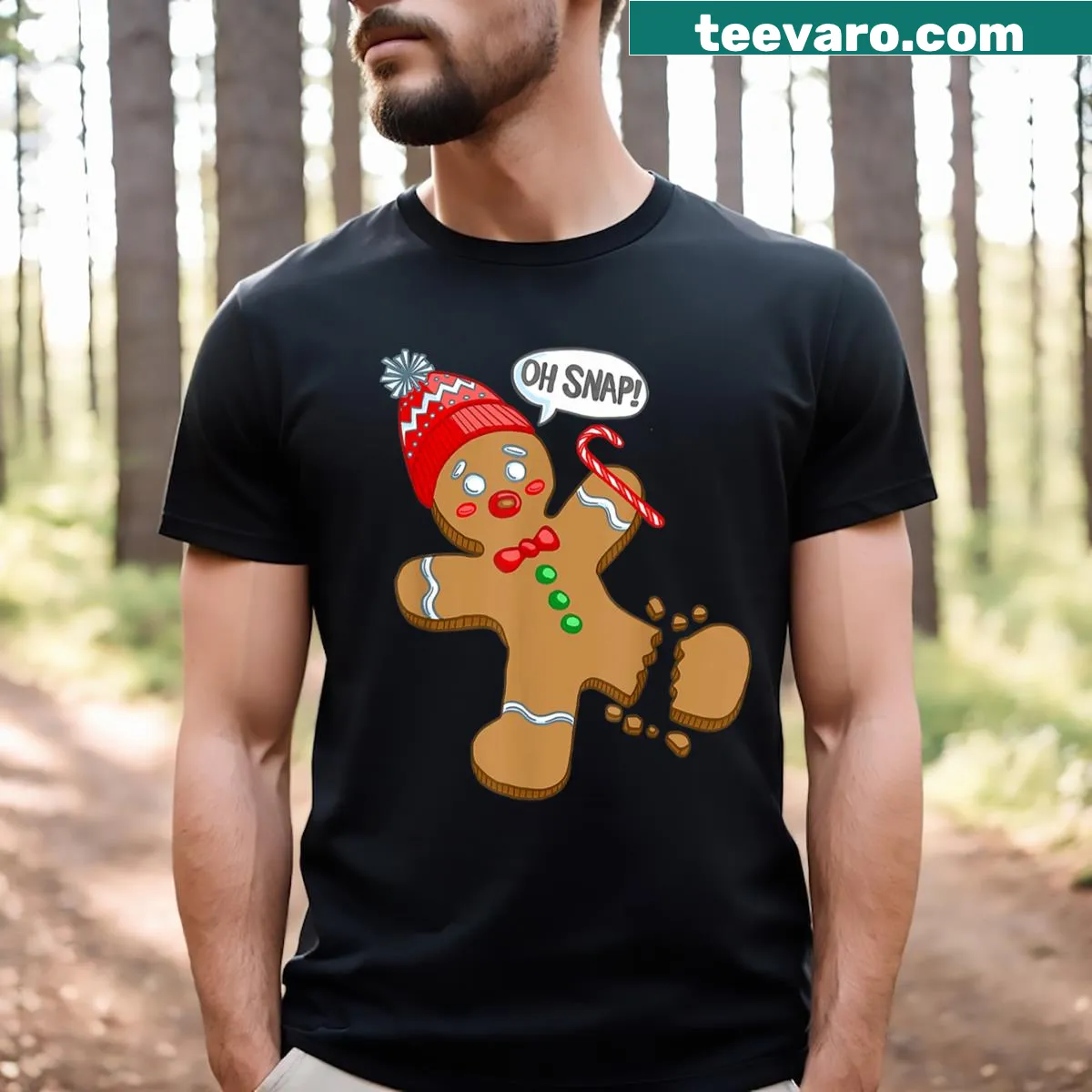 Funny Christmas T-shirt featuring a gingerbread character with the phrase 'Oh Snap' — on a men's t-shirt