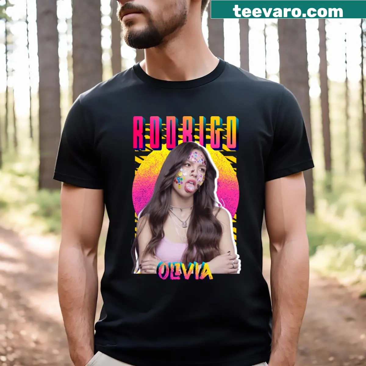 Retro fan art T-shirt featuring Olivia Rodrigo design — on a men's t-shirt