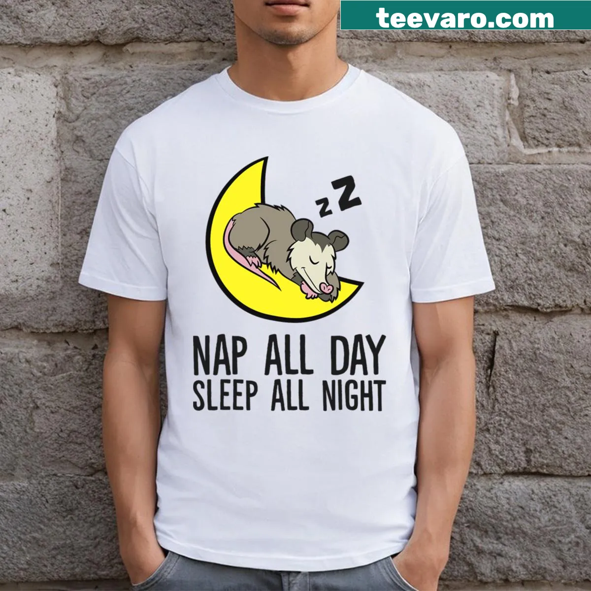 Cute T-shirt featuring a cartoon opossum sleeping — on a men's t-shirt