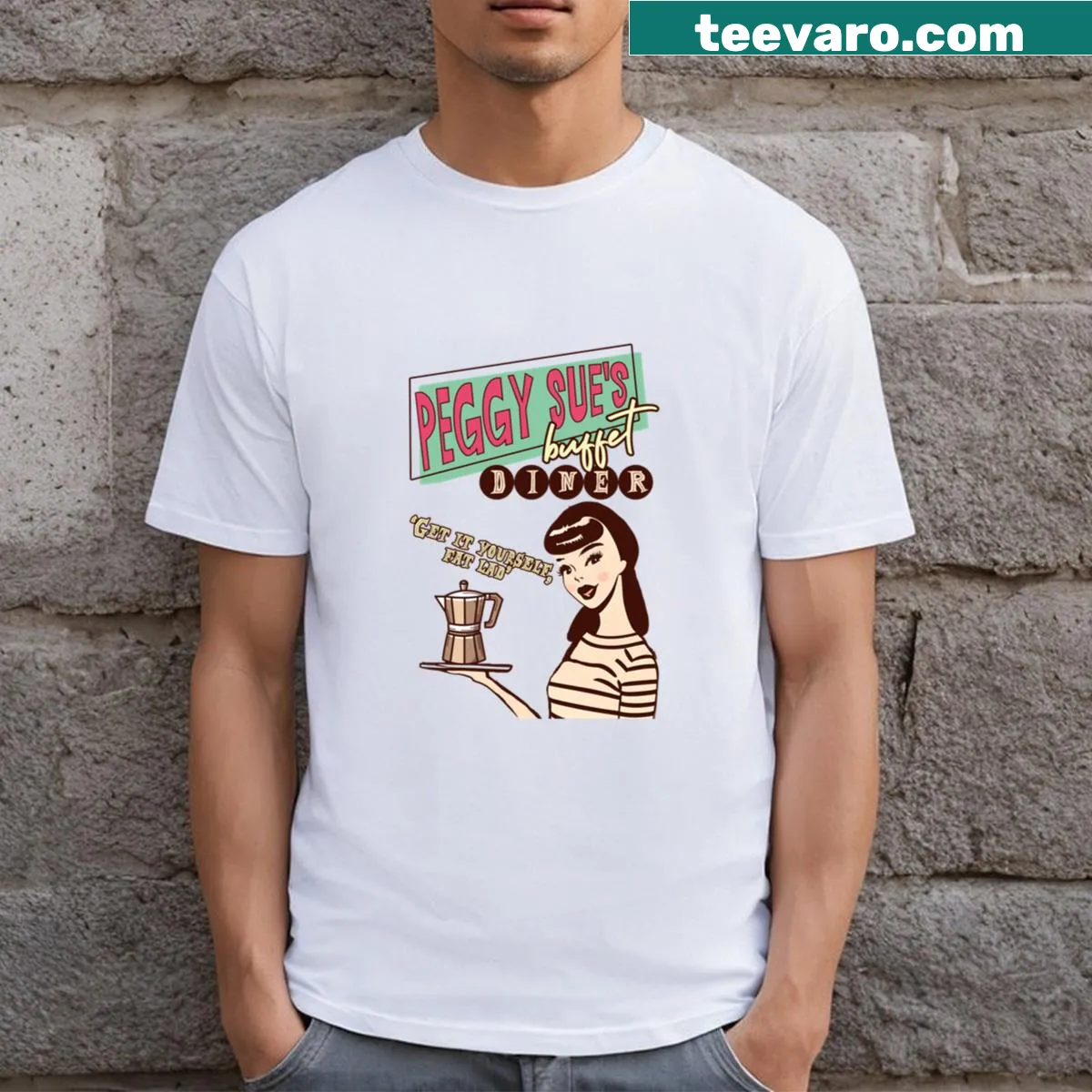 Diner-themed T-shirt featuring Peggy Sue's Buffet design — on a men's t-shirt