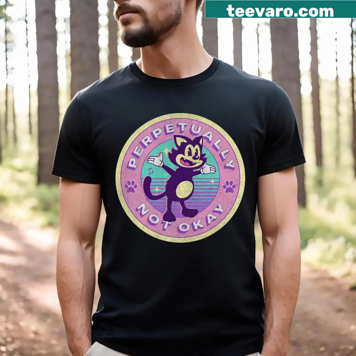 Vintage distressed t-shirt with a cartoon cat and humorous text about being not okay — on a men's t-shirt