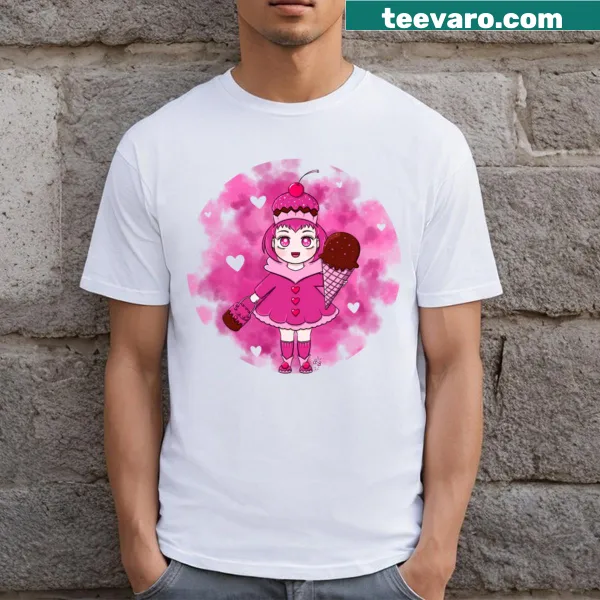 Illustrated character with pink hair on a cute t-shirt
