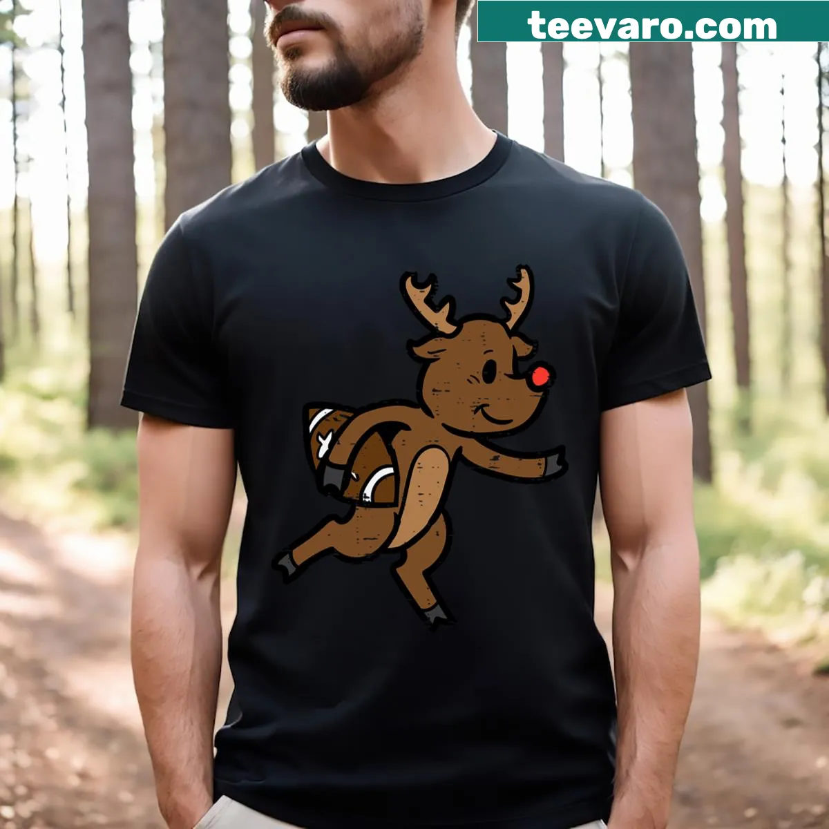 Cute Christmas T-shirt with cartoon reindeer in football gear — on a men's t-shirt