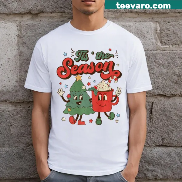 Retro Christmas T-shirt with tree and coffee latte illustration