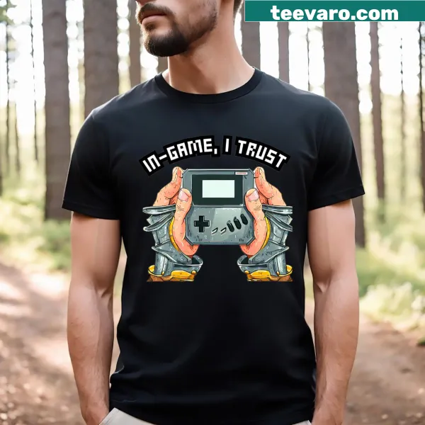 Cartoon graphic of hands on a retro videogame console t-shirt.