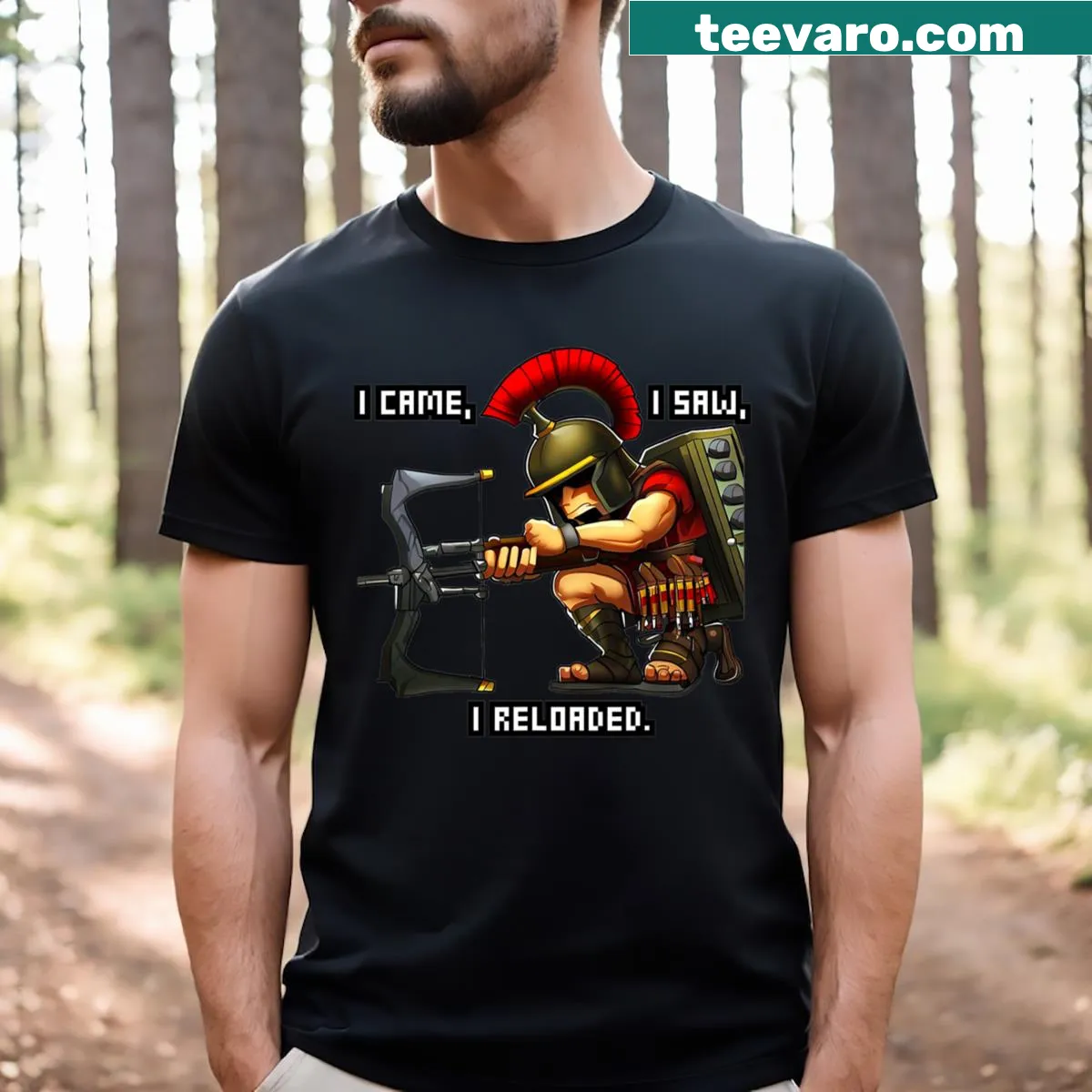 Cartoon Roman soldier graphic t-shirt with gaming phrase — on a men's t-shirt