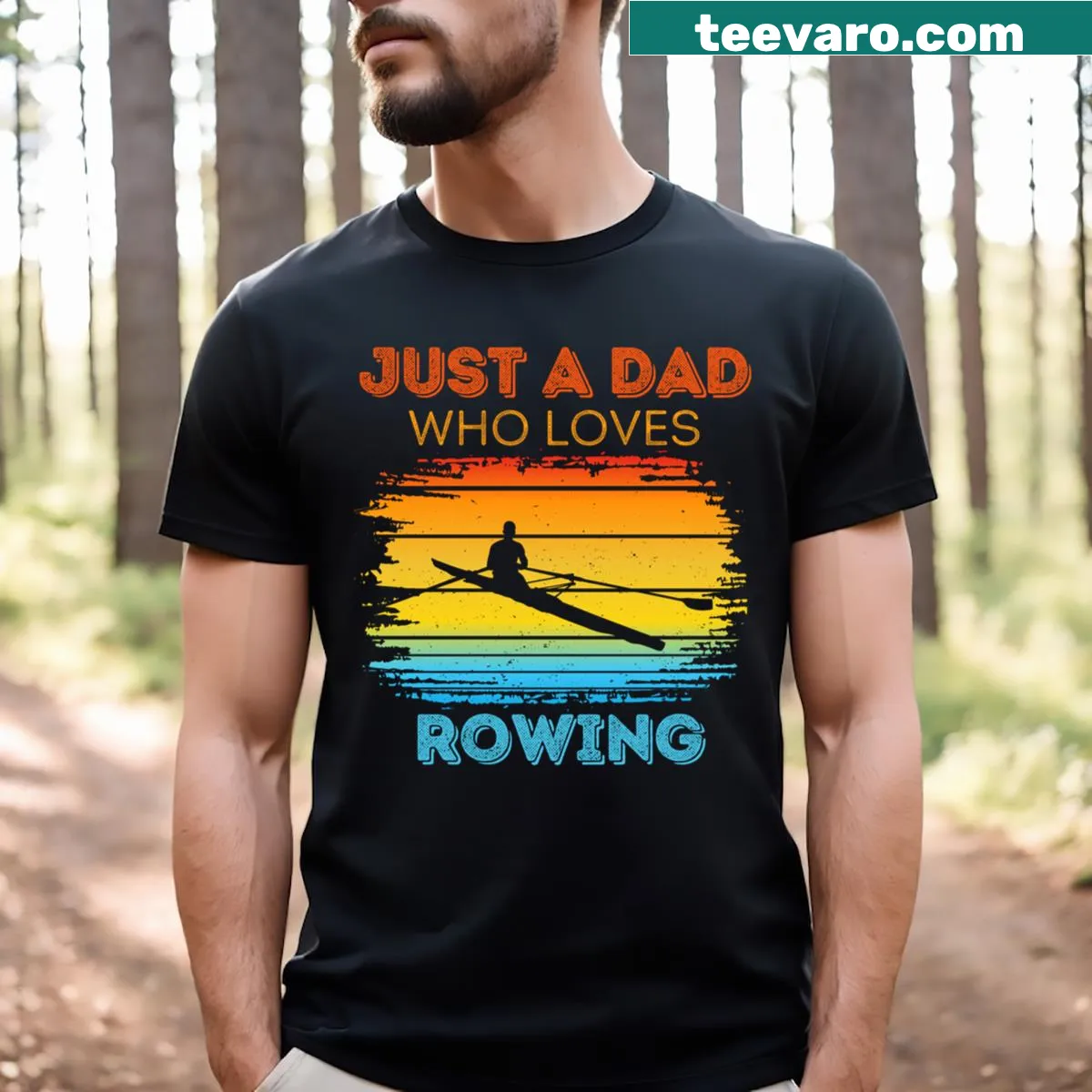 Retro vintage sunset graphic t-shirt for rowing dads — on a men's t-shirt