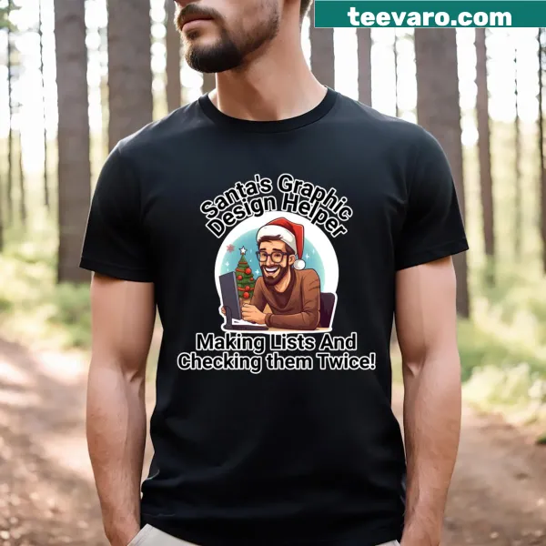 Whimsical t-shirt depicting Santa as a graphic design helper