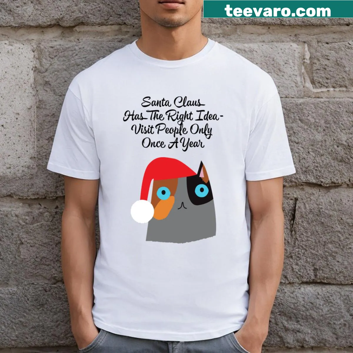 Funny Christmas quote with a cat illustration on a white T-shirt — on a men's t-shirt
