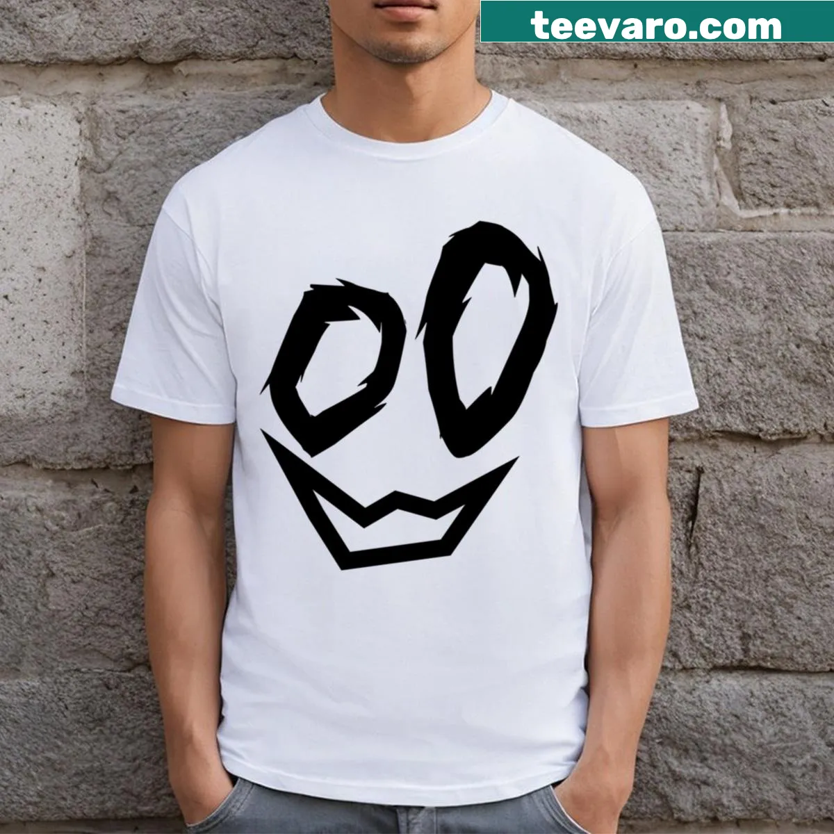 Halloween-themed T-shirt featuring a scary face sticker graphic — on a men's t-shirt