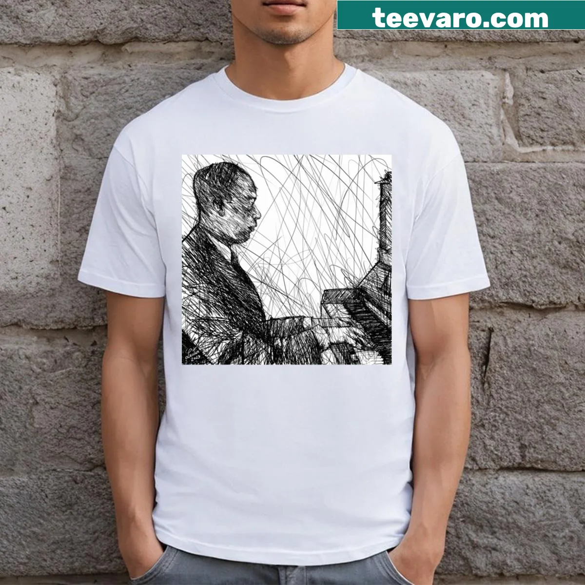 Ink portrait of composer Sergei Prokofiev on a T-shirt — on a men's t-shirt