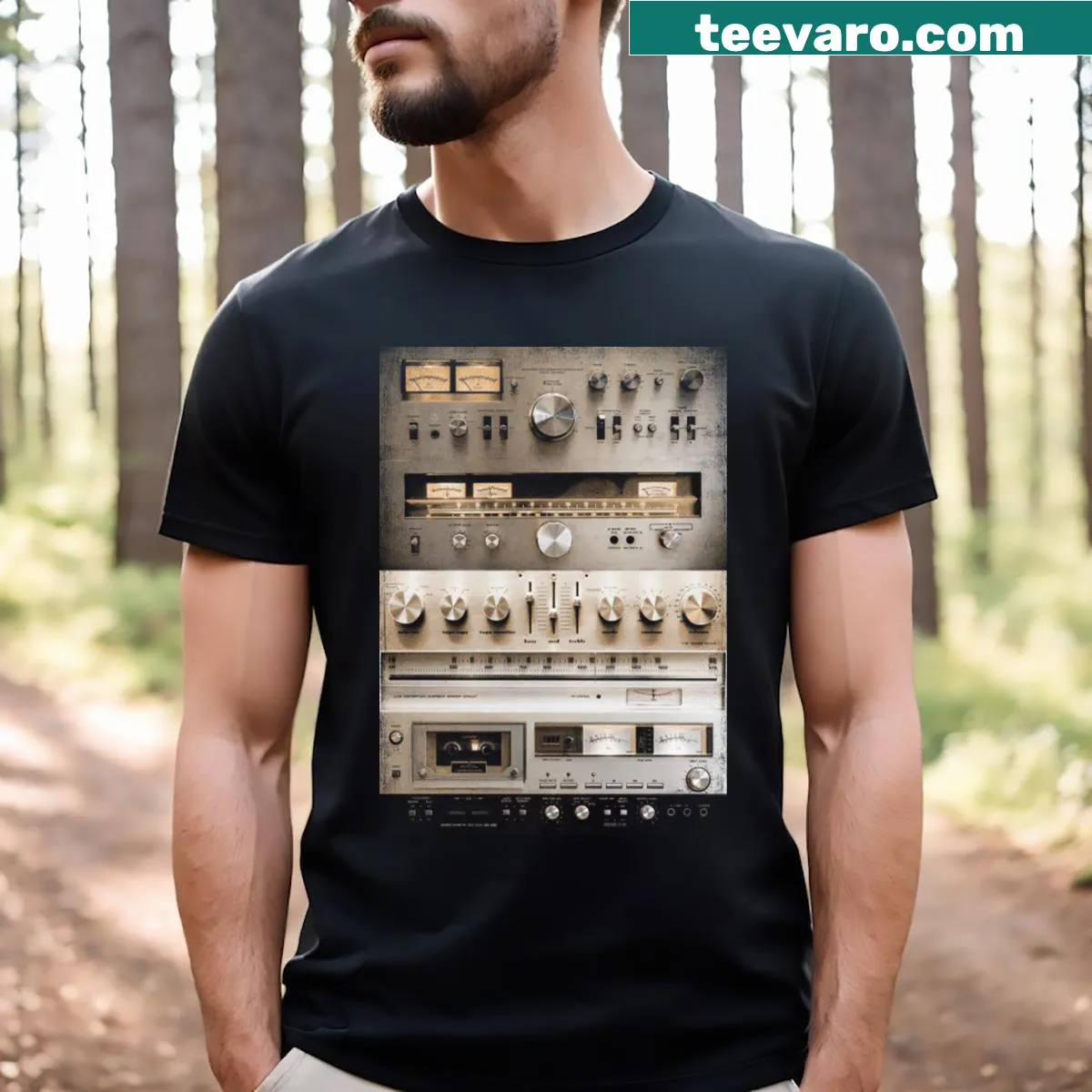 Vintage audio sound system collage t-shirt for music lovers. — on a men's t-shirt