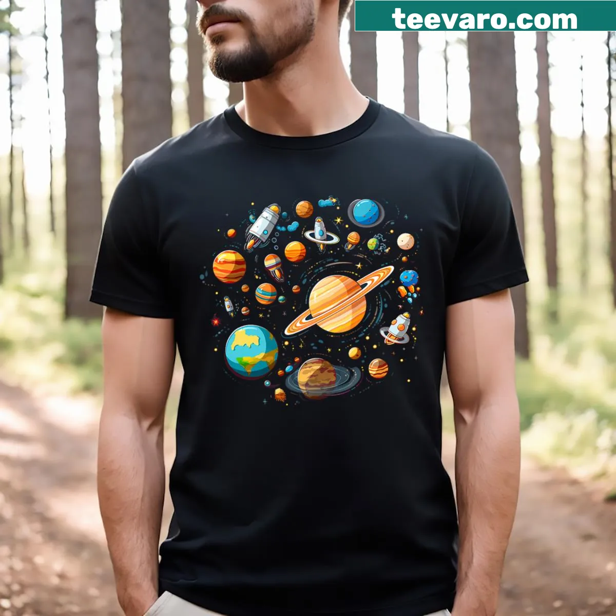 Cute cartoon design of the solar system with Earth, Moon, and Mars. — on a men's t-shirt