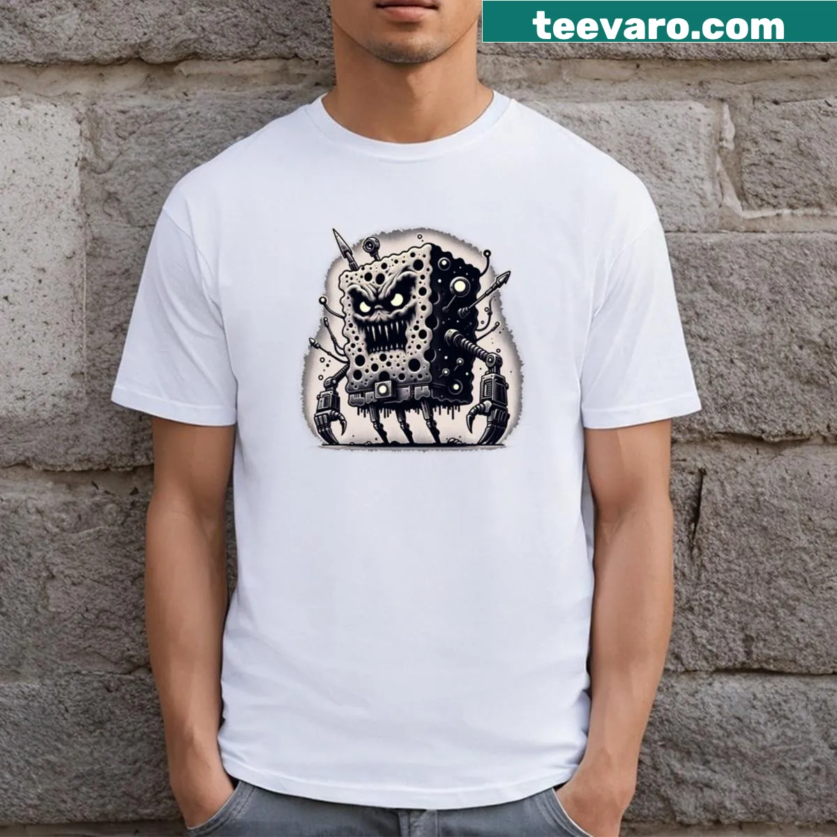 Funny cartoon robotic overlord graphic on the t-shirt. — on a men's t-shirt